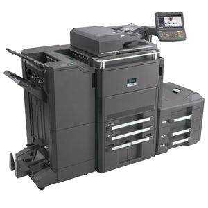 A multifunction printer with a scanner and a printer.